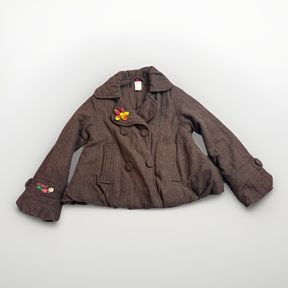 Catimini Girls Brown Wool Blend Pea Coat Floral Embroidery Tweed Jacket Size 8